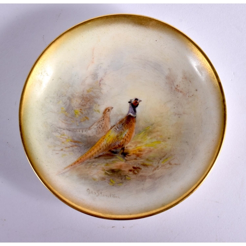 142 - Royal Worcester pin tray painted with a brace of pheasants by Jas. Stinton, signed, black mark. 9cm ... 