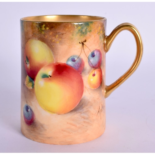 146 - Royal Worcester mug painted with fruit by Roberts, signed, black mark. 7cm High