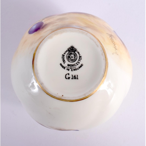 147 - Royal Worcester spirally moulded vase shape G161, painted with fruit by Roberts, signed, date 1957 b... 