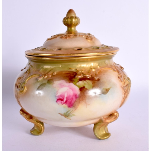 152 - Royal Worcester footed pot pourri vase and cover painted with roses shape 183H, date mark 1911. 12cm... 