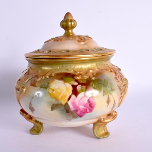 152 - Royal Worcester footed pot pourri vase and cover painted with roses shape 183H, date mark 1911. 12cm... 