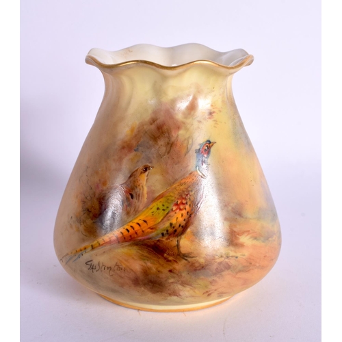 155 - Royal Worcester vase of sack shape and pie crust rim painted with a brace of pheasants by Jas. Stint... 