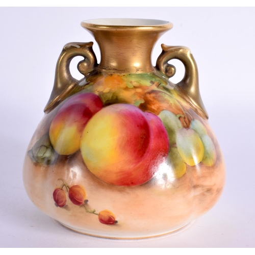 156 - Royal Worcester two handled vase painted with fruit by H. Price, signed, date mark for 1932. 8.5cm H... 