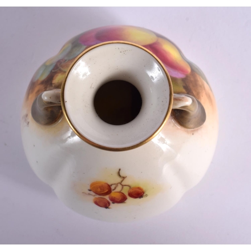 156 - Royal Worcester two handled vase painted with fruit by H. Price, signed, date mark for 1932. 8.5cm H... 