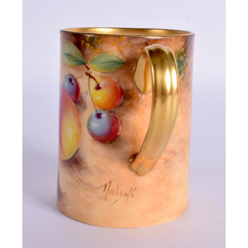 157 - Royal Worcester cylindrical mug painted with fruit by Roberts, signed, black mark. 7cm High