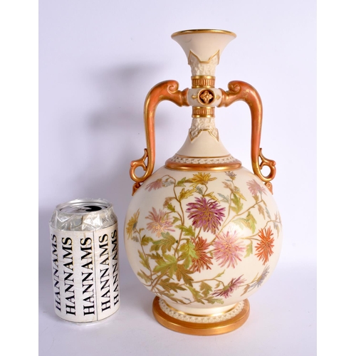 160 - Royal Worcester large antiqued ivory vase with rouged and gilt handles painted and gilded with flo... 