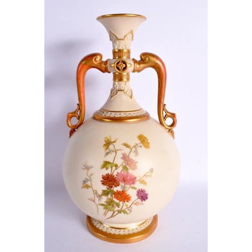 160 - Royal Worcester large antiqued ivory vase with rouged and gilt handles painted and gilded with flo... 