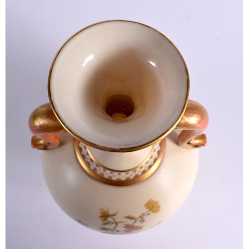 160 - Royal Worcester large antiqued ivory vase with rouged and gilt handles painted and gilded with flo... 