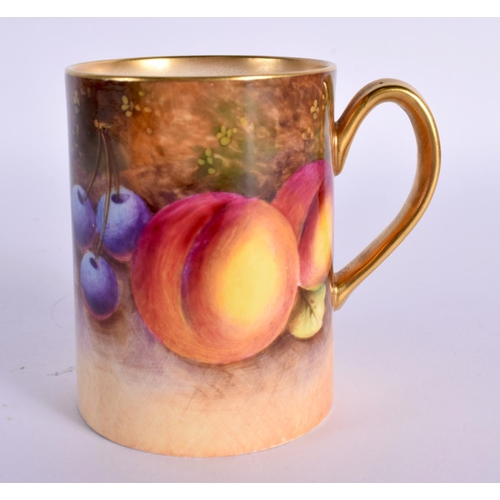 168 - Royal Worcester cylindrical mug painted with fruit by Roberts, signed, black mark 1954. 7cm High