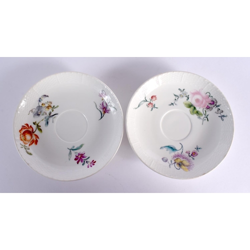 171 - 18th c. Berlin teacups and saucers, painted with colourful flowers below an ozier moulded border, sc... 