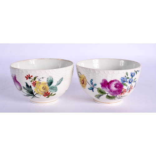 171 - 18th c. Berlin teacups and saucers, painted with colourful flowers below an ozier moulded border, sc... 