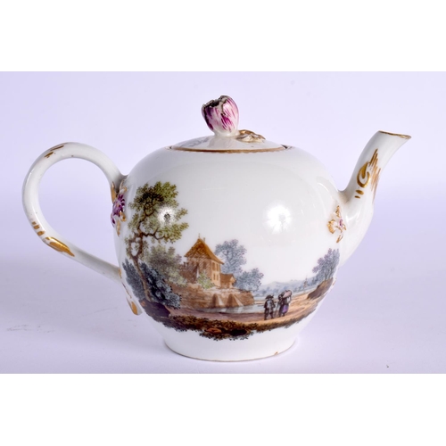 172 - 18th century Meissen miniature teapot and cover painted with two landscapes with figures, the cover ... 