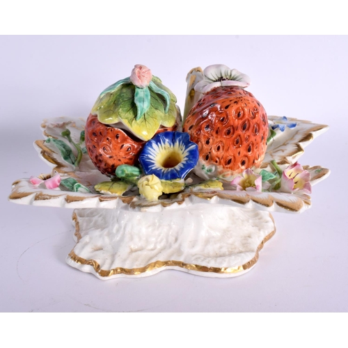 177 - 19th century English porcelain leaf shaped novelty inkwell with strawberry shaped wells, encrusted w... 