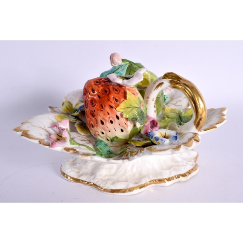 177 - 19th century English porcelain leaf shaped novelty inkwell with strawberry shaped wells, encrusted w... 