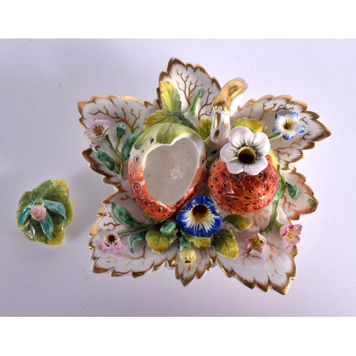 177 - 19th century English porcelain leaf shaped novelty inkwell with strawberry shaped wells, encrusted w... 