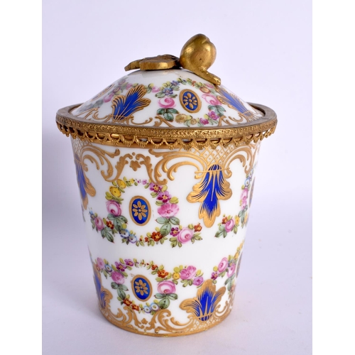 181 - 19th century Sevres style  porcelain gilt metal mounted beaker and cover finely painted with flowers... 