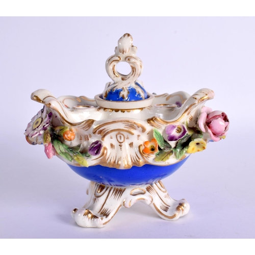 182 - Coalport floral encrusted inkwell  cover and liner marked C-Dale in blue. 10cm High