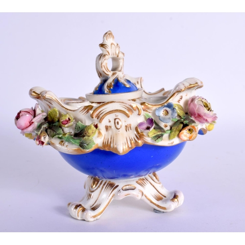 182 - Coalport floral encrusted inkwell  cover and liner marked C-Dale in blue. 10cm High