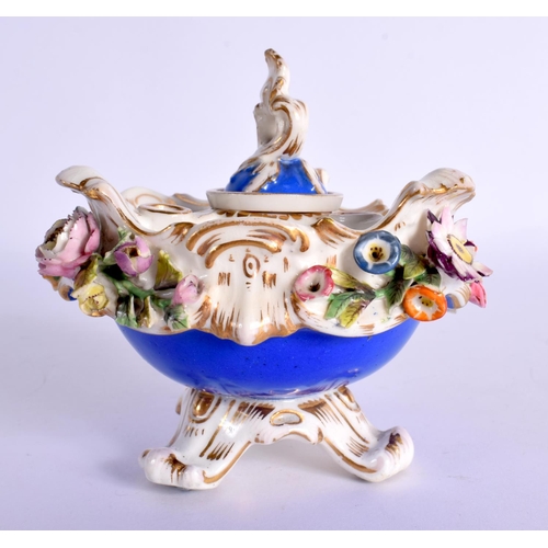 182 - Coalport floral encrusted inkwell  cover and liner marked C-Dale in blue. 10cm High