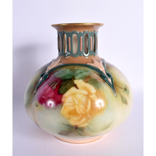 194 - Royal Worcester Hadley style vase with pierced neck painted with rose date mark 1907. 13cm High