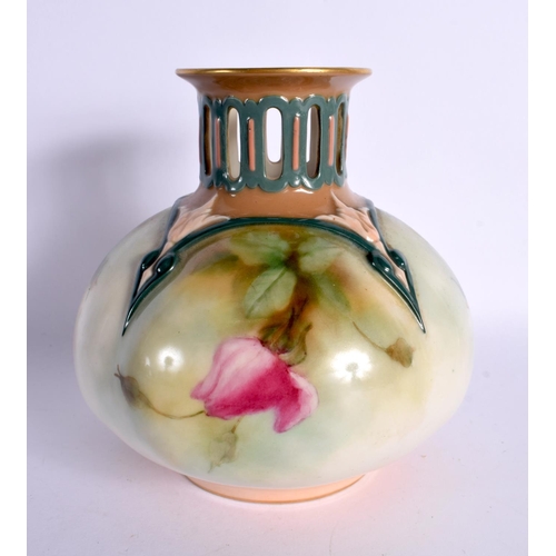 194 - Royal Worcester Hadley style vase with pierced neck painted with rose date mark 1907. 13cm High