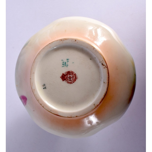 194 - Royal Worcester Hadley style vase with pierced neck painted with rose date mark 1907. 13cm High