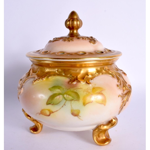 195 - Royal Worcester pot pourri vase on three feet painted with roses by M. Hunt,signed. 12cm High