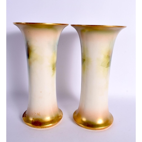 197 - Royal Worcester large pair of trumpet shaped vases painted with roses by Farley, signed, shape G923,... 