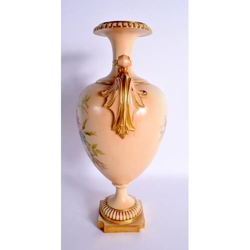 199 - Royal Worcester large blush ivory two handled vase enamelled with flowers,shape 1969, date mark 1900... 