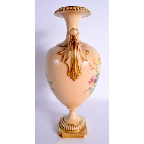 199 - Royal Worcester large blush ivory two handled vase enamelled with flowers,shape 1969, date mark 1900... 