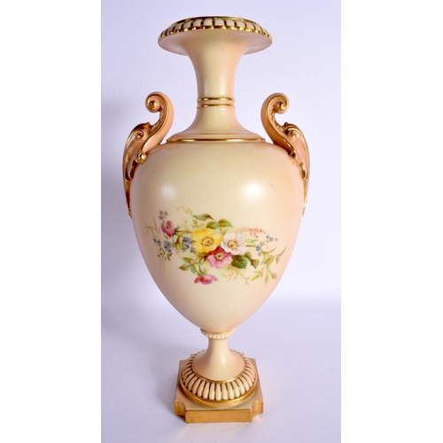 199 - Royal Worcester large blush ivory two handled vase enamelled with flowers,shape 1969, date mark 1900... 