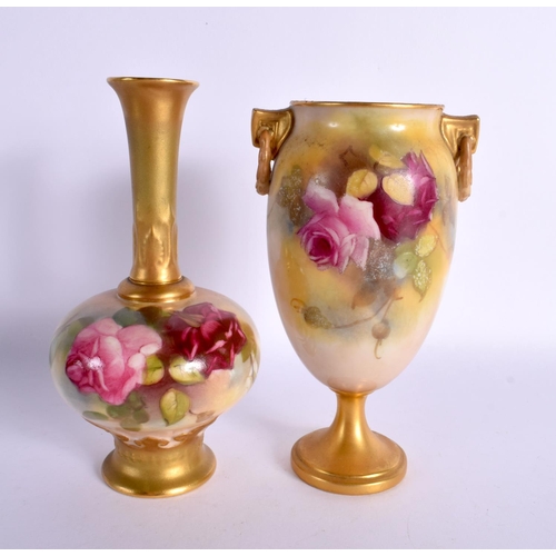 204 - Royal Worcester vase with tall neck painted with roses shape F11, date mark 1919 together with a Roy... 