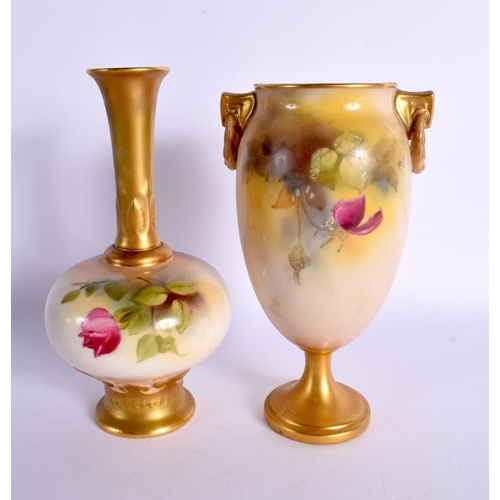 204 - Royal Worcester vase with tall neck painted with roses shape F11, date mark 1919 together with a Roy... 