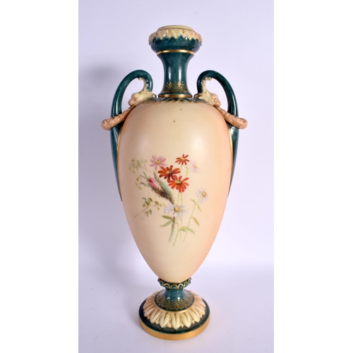 206 - Royal Worcester large two handled vase painted with thistles on a blush ivory ground, the top, handl... 