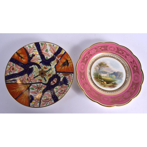 211 - 19th century Davenport plate painted with Bolton Abbey Yorkshire, with pink, white jewelled and gilt... 