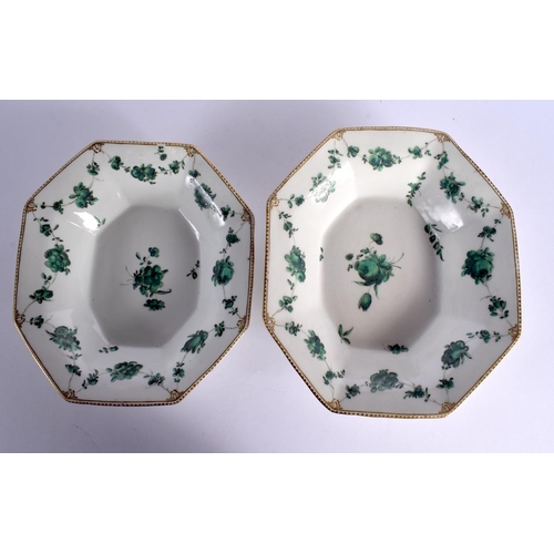 216 - 18th century Chelsea Derby pair of octagonal graduated dishes painted with swags of green roses gold... 