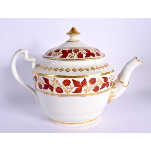 220 - Barr Worcester teapot and cover painted with strawberries and strawberry leaves in crimson, the leav... 