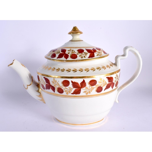 220 - Barr Worcester teapot and cover painted with strawberries and strawberry leaves in crimson, the leav... 