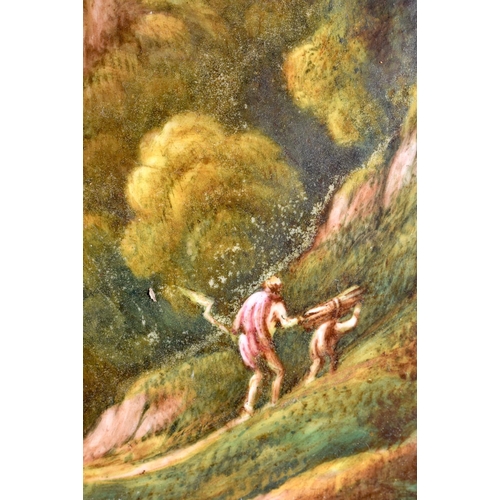 232 - 19th century English porcelain plaque painted with two figures climbing up a hill with the sea in th... 