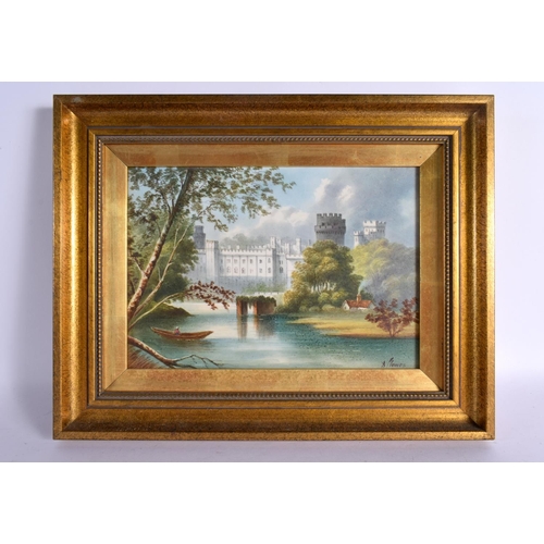 234 - 19th century English porcelain plaque painted with view of Warwick Castle, by A. Flowers. 17cm High ... 