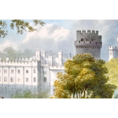 234 - 19th century English porcelain plaque painted with view of Warwick Castle, by A. Flowers. 17cm High ... 