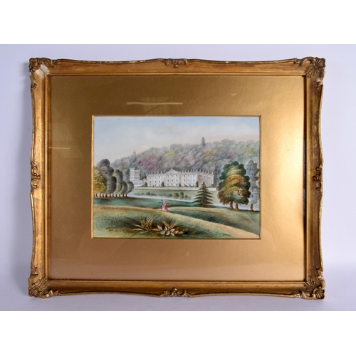 235 - 19th century English porcelain plaque painted with a view of Haddon Hall by J. Hancock, signed. 18cm... 