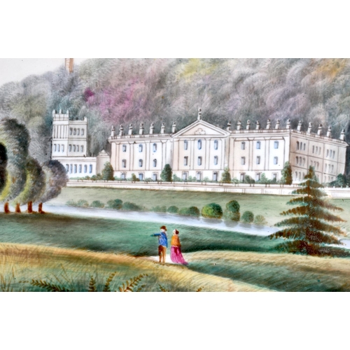 235 - 19th century English porcelain plaque painted with a view of Haddon Hall by J. Hancock, signed. 18cm... 