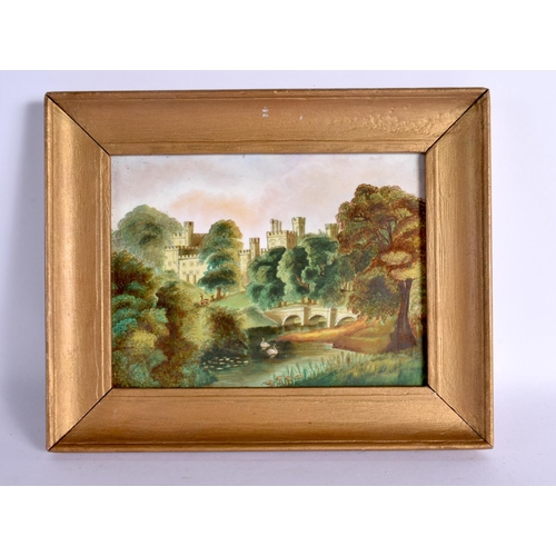 236 - 19th century English porcelain plaque painted with Warwick Castle, swans and deer. 14cm High X 19cm ... 