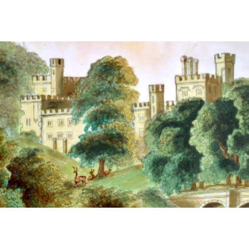 236 - 19th century English porcelain plaque painted with Warwick Castle, swans and deer. 14cm High X 19cm ... 