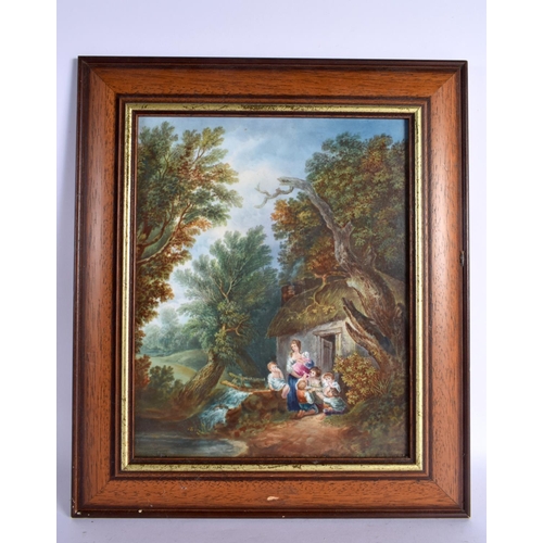 237 - 19th century Coalport plaque painted with a mother in a shack with five children near a river. 27cm ... 