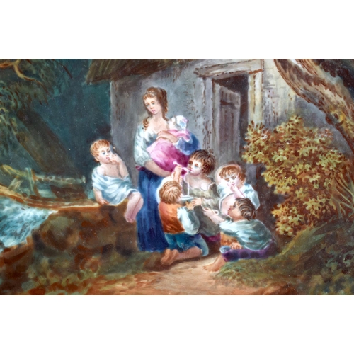 237 - 19th century Coalport plaque painted with a mother in a shack with five children near a river. 27cm ... 