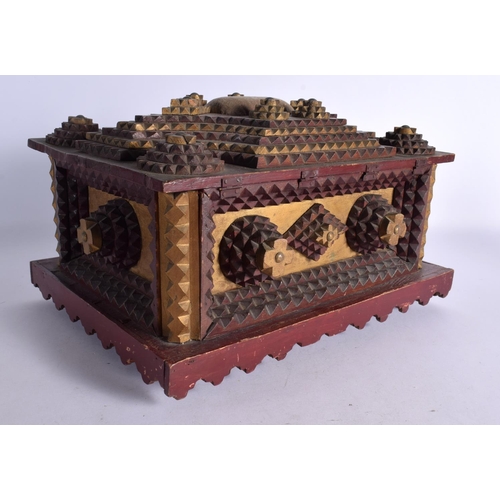 242 - A VERY LARGE TRENCH ART CARVED CASKET of geometric form. 38 cm x 18 cm.