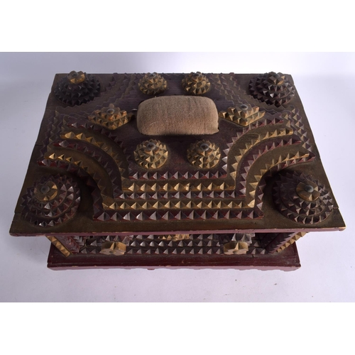 242 - A VERY LARGE TRENCH ART CARVED CASKET of geometric form. 38 cm x 18 cm.