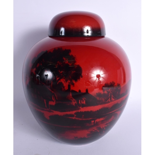 25 - A LARGE ROYAL DOULTON FLAMBE GINGER JAR AND COVER decorated with landscapes. 23 cm x 13 cm.